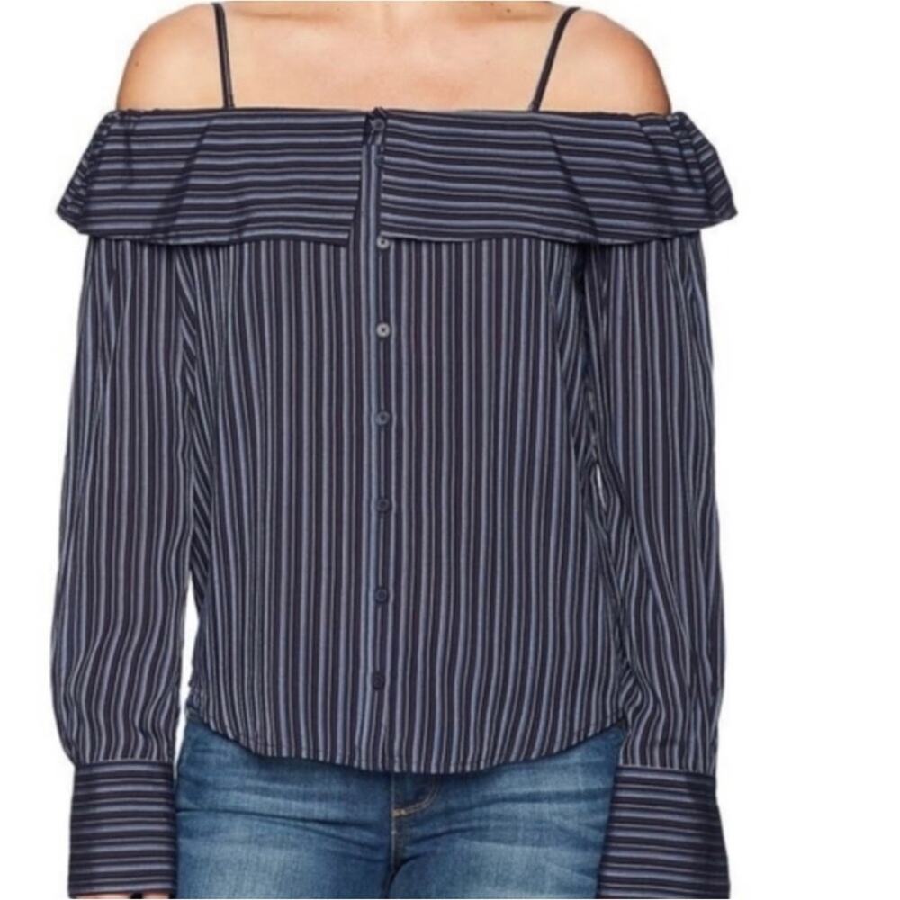 NWT Paige Women's Blue Lunetta Stripe Button Off Shoulder Top Size Small Preppy